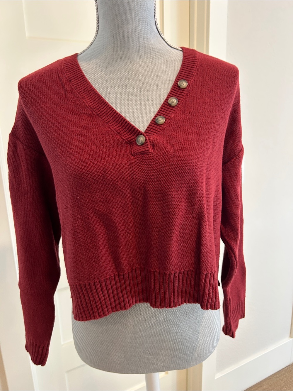 La Hearts Burgundy V-Neck Sweater with Button Detail